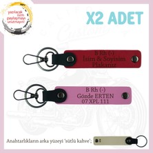 Motosiklet Aşıkları Için Isim Plaka ve B Rh (-) Kan Grubu Yazılı X2 Anahtarlık Set, Kırmızı-Pembe-Sk