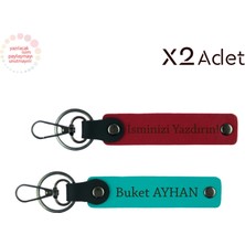 Evlilik Yıldönümüne Özel,kişisel Isim Yazılı 2’li Anahtarlık Takımı, Kırmızı-Koyu Turkuaz