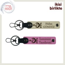 Sevgilinin Ismine Kişisel Hediye, Ayyıldız Kurt Göktürk Temalı Deri Anahtarlık Takım, S Kahve-Pembe