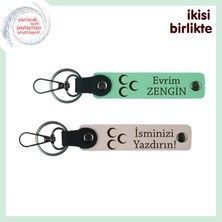 Öğretmene Teşekkür Hediyesi, Üç Hilal Desenli Isimli 2’li Anahtarlık, Açık Yeşil-Pudra