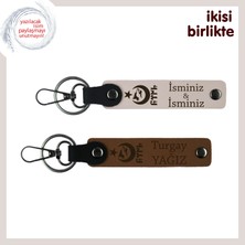 Sevgilinin Ismiyle Özelleşen Hediye – Ayyıldız Kurt Göktürk Temalı Deri Anahtarlık Seti, Pudra-Kahve