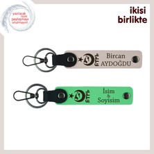 Sevgiline Ait Olan Hediyelik – Ayyıldız Kurt Göktürk Motifli Kişisel Deri Anahtarlık, Pudra-Yeşil