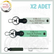 Hız Tutkununa Özel Isim Plaka ve 0 Rh (+) Kan Grubu Yazılı, Deri X2 Anahtarlık Set, Yeşil-Beyaz-Ysl