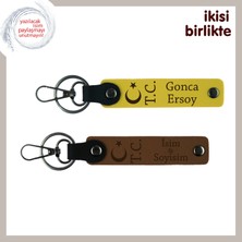 Yıldönümünde Aşkı Yaşat – Ay Yıldız Tc Desenli Kişisel Deri Anahtarlık Hediyelik Set, Sarı-Kahve