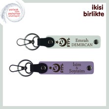 Kardeşe Manevi Özel Hediye, Ayyıldız Kurt Göktürk Temalı 2’li Kişisel Isimli Anahtarlık, Beyaz-Mor