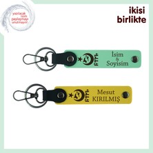 Isim Soyisim Yazılı 2’li Anahtarlık Ayyıldız Kurt Göktürk Desenli, Sevdiklerine Armağan, Yeşil-Sarı