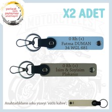 Motosiklet Aşıkları Için, Isim Plaka ve 0 Rh (+) Kan Grubu Yazılı X2 Anahtarlık Set, Kül Gri-Mavi-Sk