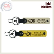 Sevgiline Seni Hatırlatacak Hediye – Ayyıldız Kurt Göktürk Desenli Deri Anahtarlık, Sütlü Kahve-Sarı