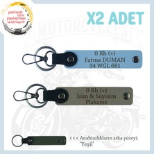 Motosiklet Aşıkları Için Isim Plaka ve 0 Rh (+) Kan Grubu Yazılı X2 Anahtarlık Set, Kül Gri-Mavi-Ysl