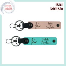 Kurumsal Şık Hediyelik, Ayyıldız ve Türkiye Kişiye Özel Deri Anahtarlık Set, Yavru Ağzı-Turkuaz