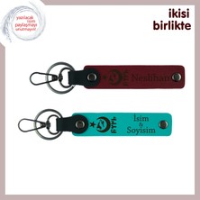 Ayyıldız Kurt Göktürk Desenli Öğretmene Hediye – Isme Özel 2’li Set Anahtarlık, Bordo-Turkuaz