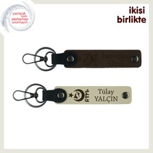 Askere Hatıra – Ayyıldız Kurt Göktürk Kişiye Özel 2’li Deri Anahtarlık Takımı, Koyu Kahve-S Kahve