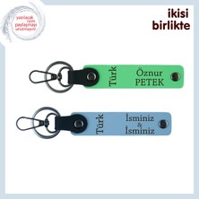 Sevgiline Anı – Türk Yazısı Temalı, Isimli 2’li Deri Anahtarlık Takımı, Fıstık Yeşil-Mavi