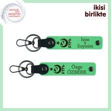Kurumsal Hediye – Ayyıldız Kurt Göktürk Desenli, Isme Özel 2’li Anahtarlık Seti, Fıstık Yeşil-Yeşil