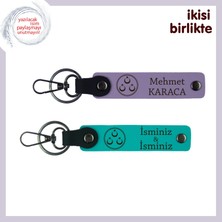 Kişisel Hediye Arayanlara – Üç Ayyıldız Desenli Deri Anahtarlık Seti, Isme Özel X2, Mor-Turkuaz