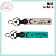 Aşkına Vefa Kat, Ay Yıldızlı Sevgiliye Özel Kişiselleştirilebilir Anahtarlık Hediye, Pudra-Turkuaz