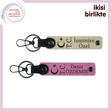 Sevgilinin Ismine Kişiselleştirilen Hediye, Ay Yıldız Tc Temalı Deri Anahtarlık Takım, S Kahve-Pembe