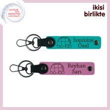 Karavanın Kapısını Açacak Anahtarlıklar, Hediyelik Deri Takım Set, Isim Yazılı, Koyu Turkuaz-Pembe