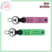 Patili Eşine Sevimli Sürpriz, Kedi Motifli Deri Anahtarlık Takımı, Pembe-Fıstık Yeşil