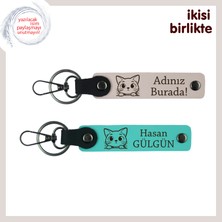 Çocuk ve Kedisinin Dostluğuna Özel Armağan, Deri Anahtarlık Takımı, Kişisel Isimli, Pudra-Turkuaz