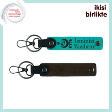 Klasik Sevenlere Hediye– Ayyıldız Kurt Göktürk Desenli Kişisel Anahtarlık Takımı, Koyu Turkuaz-Kahve