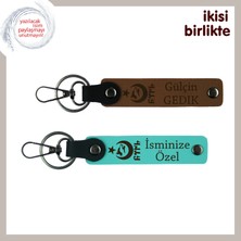 Doğum Gününe Özel, Ayyıldız Kurt Göktürk Desenli Kişisel Isimli 2’li Anahtarlık, Açık Kahve-Turkuaz