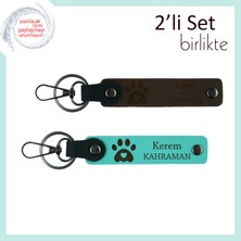 Yeni Kedisi Olanlara Tebrik Hediyesi, Kalpli Pati Motifli Set, Isim Yazılabilir, Koyu Kahve-Turkuaz