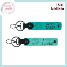 Isme Özel Voleybol Topu Motifli Deri Anahtarlık Takımı, Kişiselleştirilebilir, Koyu Turkuaz-Turkuaz