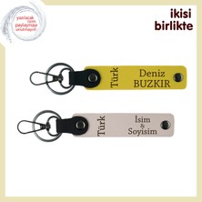Vatan ve Aşk Bir Arada – Sevgiline Türk Yazısı Desenli Kişisel Anahtarlık Seti, Sarı-Pudra