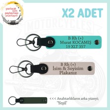 Motorcu Yolculara Özel Isim Plaka ve B Rh (+) Kan Grubu Yazılı Deri X2 Anahtarlık, Pudra-Turkuaz-Ysl