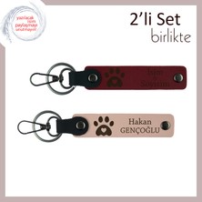 Pati ve Kalp Motifli Şık Deri Set, Evcil Hayvan Temalı Hediye, Isim Yazılabilir, Bordo-Yavru Ağzı