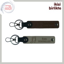 Isim Yazılabilir Deri Anahtarlık Seti, Nota Temalı Hediyelik Tasarım, Koyu Kahve-Kül Gri