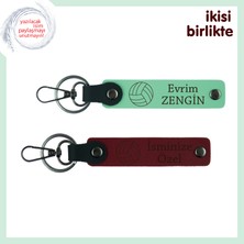 Sporcu Dostluklarına Özel Hatıra, Voleybol Desenli Deri Anahtarlık Takımı, Isimli, Açık Yeşil-Bordo