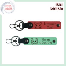 Kedili Evler Için Düşünülmüş Hediye, Kişiye Özel Isim Yazılabilen Anahtarlık X2’li, Nar-Açık Yeşil