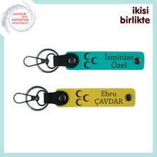 Üç Hilal Desenli Hediyelik ve Kişiye Özel  2' Li Anahtarlık Seti, Koyu Turkuaz-Sarı