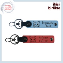 Ailenin Dördüncü Üyesine Anlamlı Hediye, Kedili Deri Anahtarlık Takımı, Gök Mavi-Nar Çiçeği