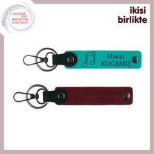 Isim Yazılabilir Şık Hediye Seçeneği, Nota Detaylı Deri Anahtarlık Takımı, Koyu Turkuaz-Bordo