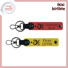 Dayıya Minnet Armağanı – Ayyıldız Kurt Göktürk Desenli Kişisel Deri Anahtarlık, Nar Çiçeği-Sarı