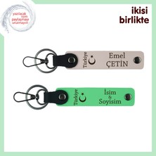 Sevgiline Ait Olan Hediyelik – Ayyıldız ve Türkiye Motifli Kişisel Deri Anahtarlık, Pudra-Yeşil