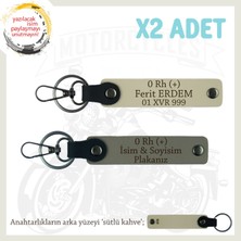 Motor Severlere Özel, Isim Plaka ve 0 Rh (+) Kan Grubu Yazılı X2 Anahtarlık Set, Kül Gri-S Kahve-Sk
