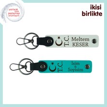 Ay Yıldız Tc Desenli Özel Hediye, Isim Yazılabilir 2’li Anahtarlık Set Yakın Dostlara, Beyaz-Turkuaz