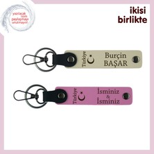 Sevgilinin Ismine Kişisel Hediye, Ayyıldız ve Türkiye Temalı Deri Anahtarlık Takım, S Kahve-Pembe