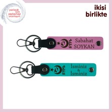 Eşin Için Milli Ruhlu Hediye– Ayyıldız Kurt Göktürk Desenli Kişisel Anahtarlık Takımı, Pembe-Turkuaz