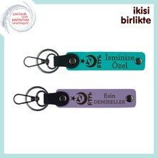 Doktora Teşekkür Hediyesi – Ayyıldız Kurt Göktürk Desenli Deri Anahtarlık Seti, Koyu Turkuaz-Mor