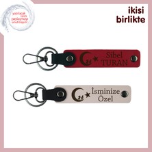Çocuk ve Ayyıldız Desenli Deri Anahtarlık Seti – Kişiye Özel Şık Hediyelik X2' Li, Kırmızı-Pudra