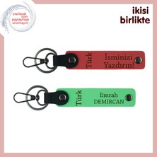 Vatan Sevgisiyle Hazırlanmış, Türk Yazısı, Kişisel Deri Anahtarlık Set, Nar - Yeşil