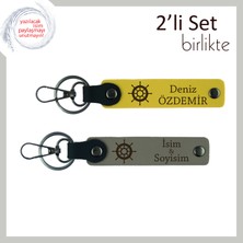 Sevgiliye Kişisel Yazılabilir Hediye, Gemi Dümeni Simgeli Deri Set, Isim Yazdırılabilir, Sarı-K Gri