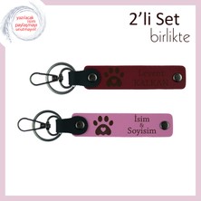 Kedi Sahibi Arkadaşa Uygun Armağan, Kalpli Pati Desenli 2’li Deri Set, Isim Yazılabilir, Bordo-Pembe