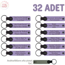 Bebek Mevlidi Hediyesi Için Isim Yazılabilen Anahtarlık 32’li Set, Misafire Özel, Mor Menekşe & Gri