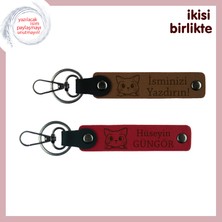 Evcil Dostun Hatırasını Taşıyan Tasarım, Patili Deri Anahtarlık Takımı 2’li Set, Açık Kahve-Kırmızı